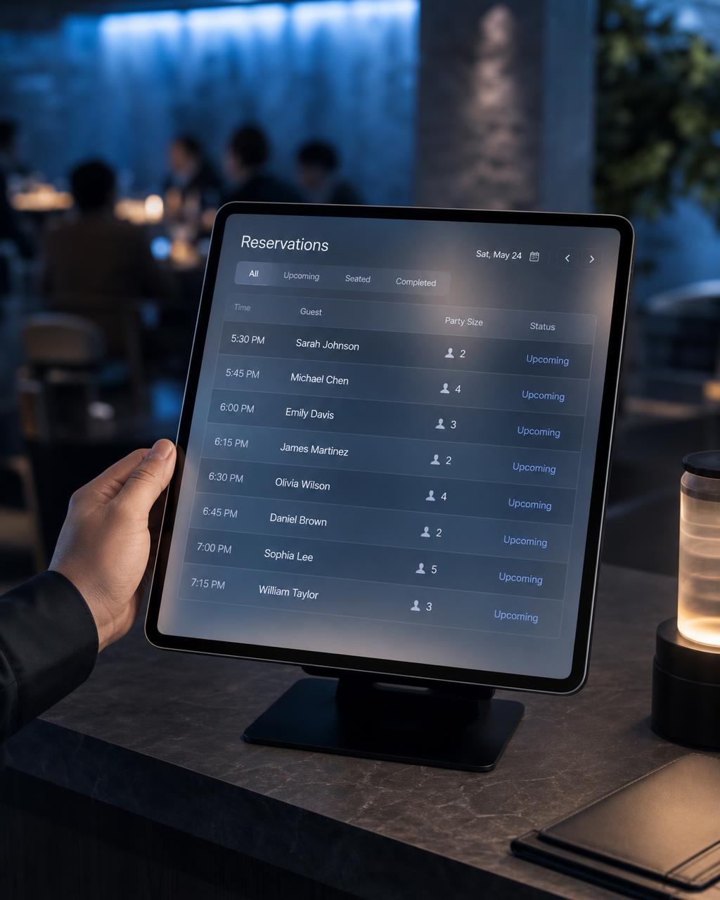 Tablet showing the Next Gen Reservations interface at a restaurant host stand